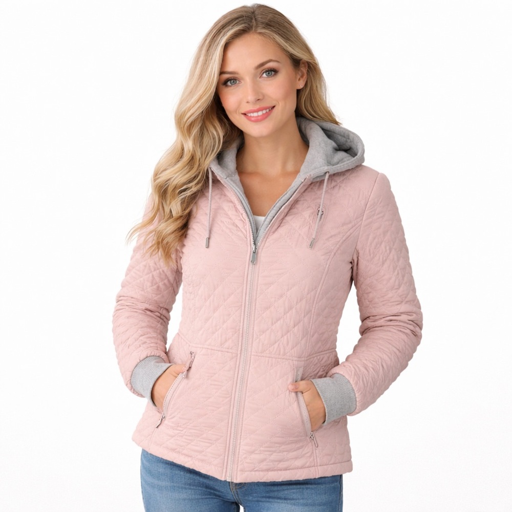 Sebby Pink Quilted Puffer Jacket Juniors L Gray Hoodie Lightweight Coat